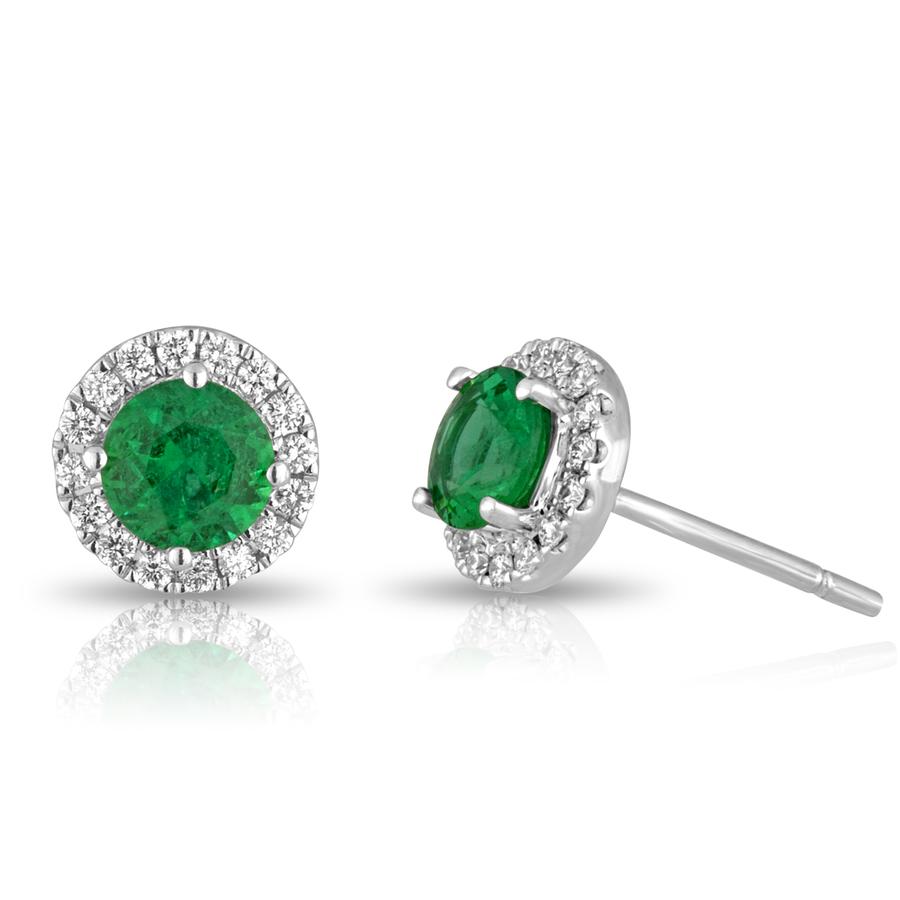 View Emerald & Round Diamond Stud Halo Earrings