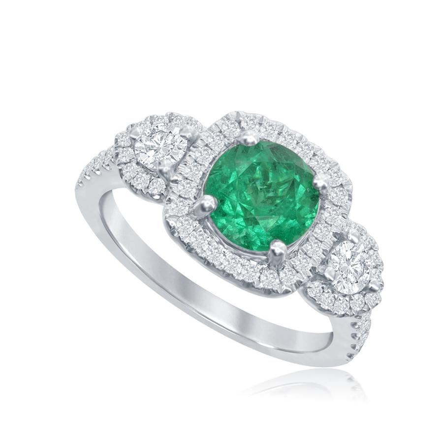 View Round Diamond Three Stone Halo Ring with Round Emerald Center